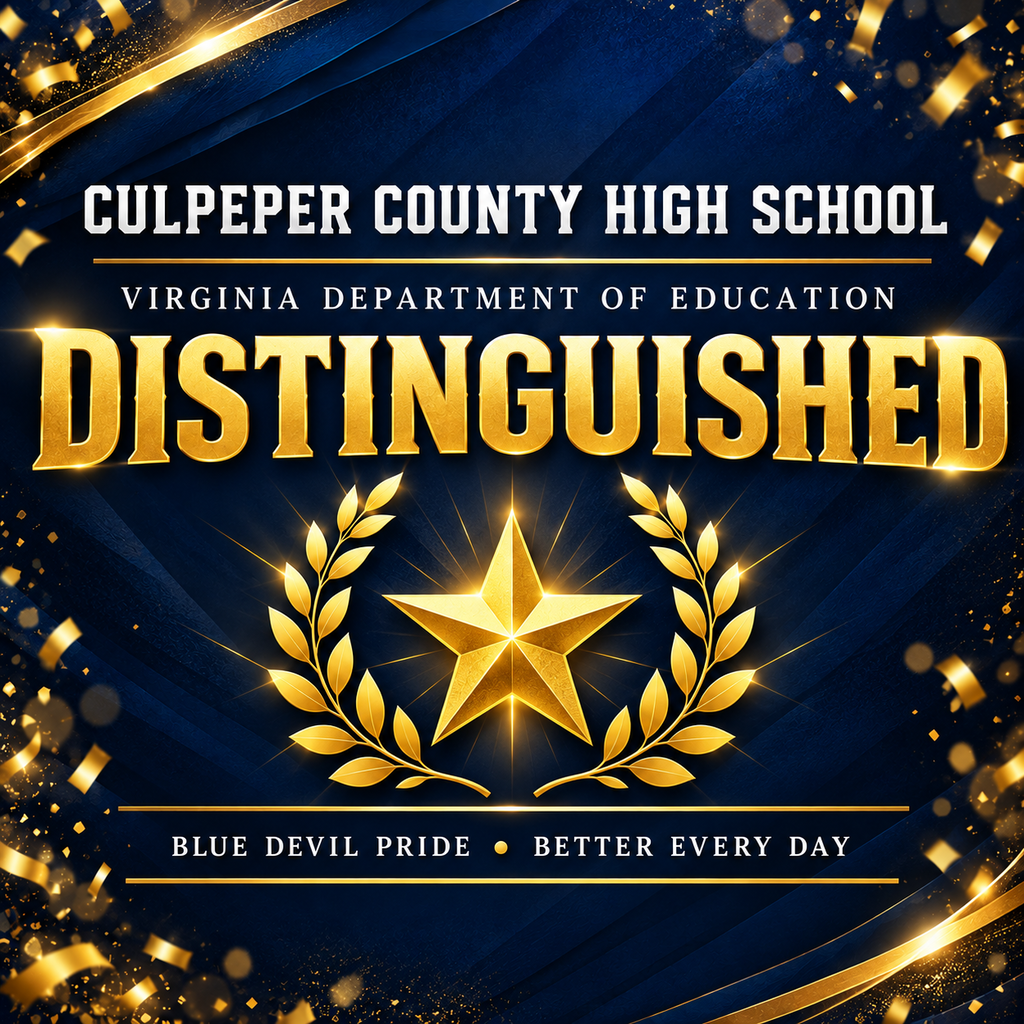 Banner with blue background reading "Culpeper County High School". Golden laurel wreath around a star. Text "Distinguished" and "Virginia Department of Education" above.