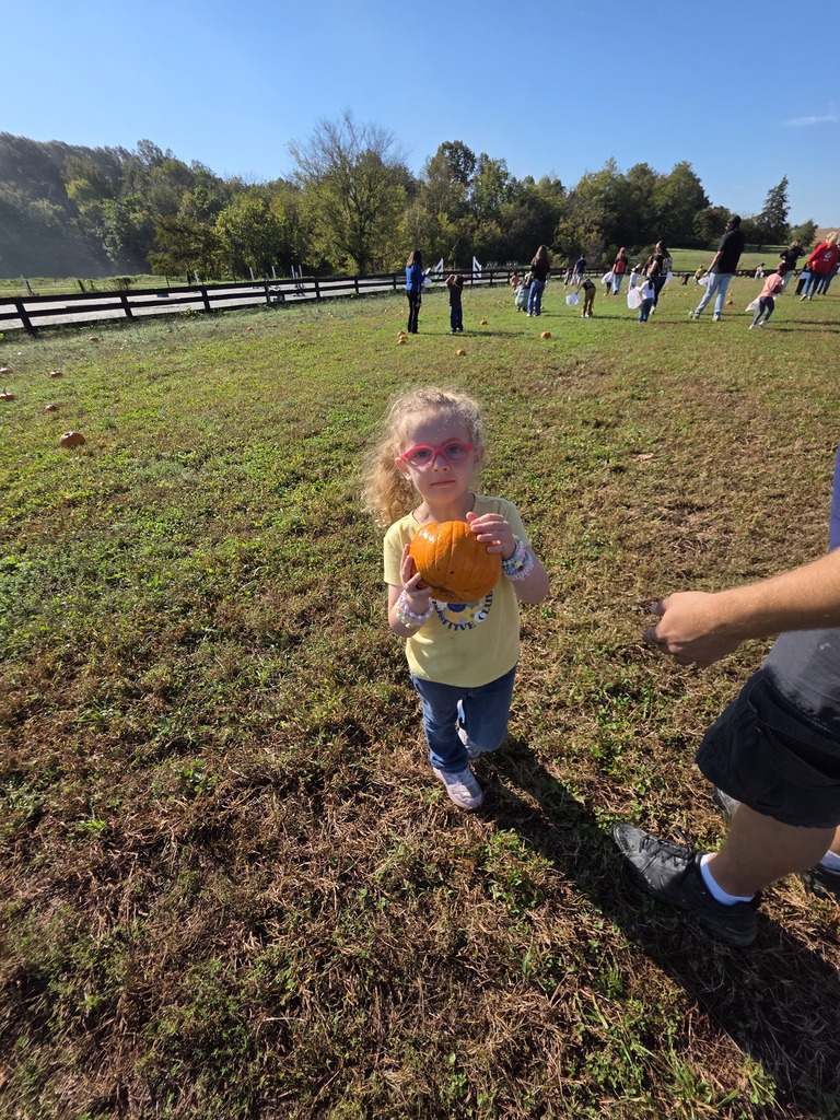 A young girl holding a pumpkin on a grassy field. People in the background are searching for pumpkins.