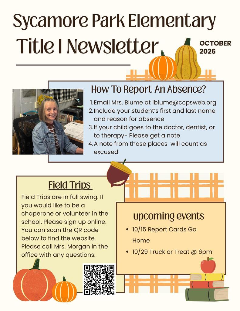 A newsletter from Sycamore Park Elementary in October 2026. It features a photo of a woman, pumpkins, and QR code.