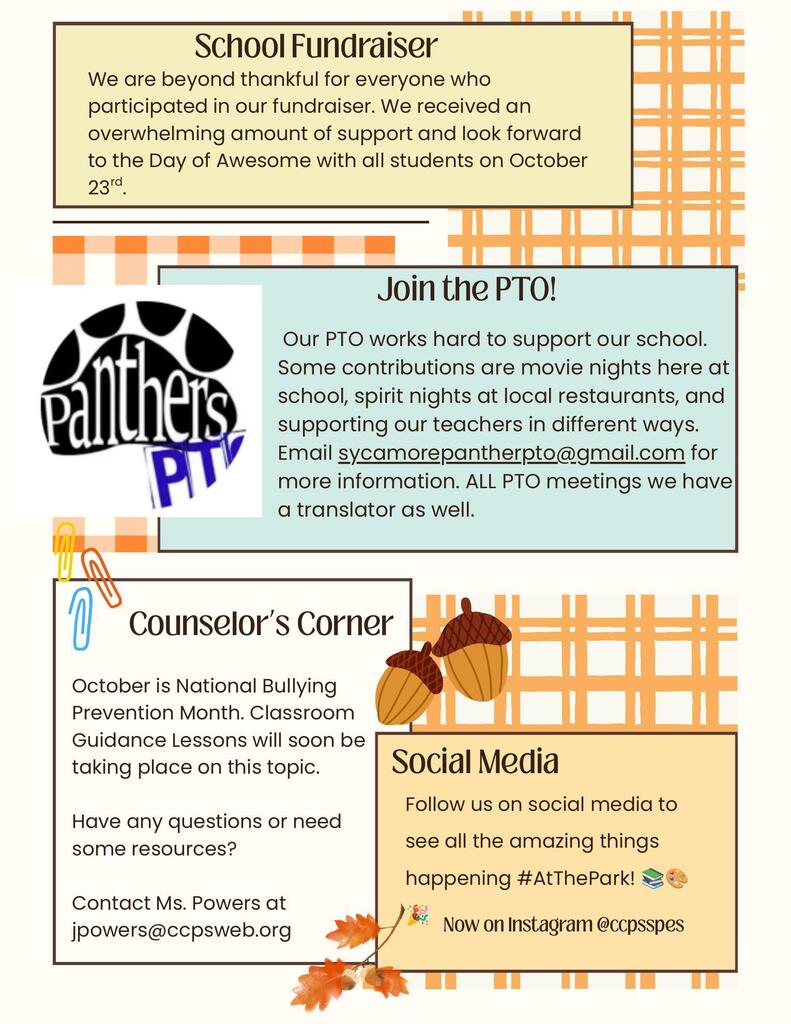 A colorful flyer for a school with sections for a fundraiser, PTO, counselor's corner, and social media.