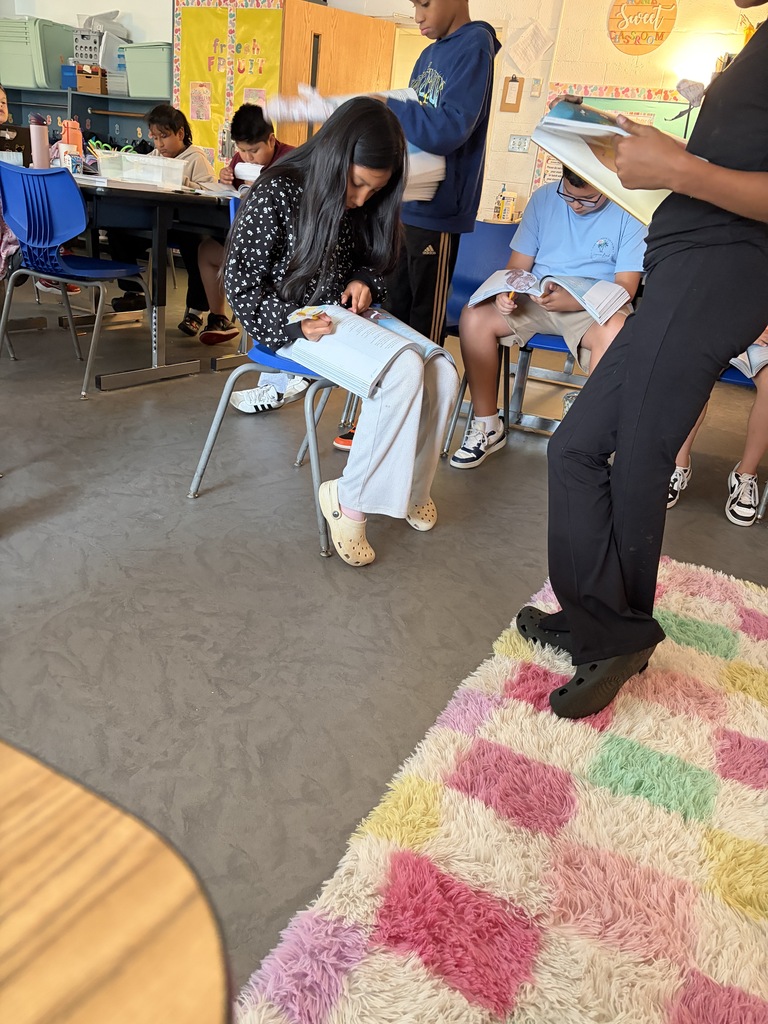 A classroom with students seated at desks. A person reads aloud to a seated student. A colorful rug is on the floor.