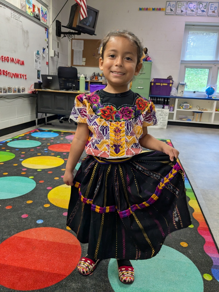 A child in a colorful dress and skirt stands on a colorful carpet with dots. Behind, there is a desk and a window with a view of trees.