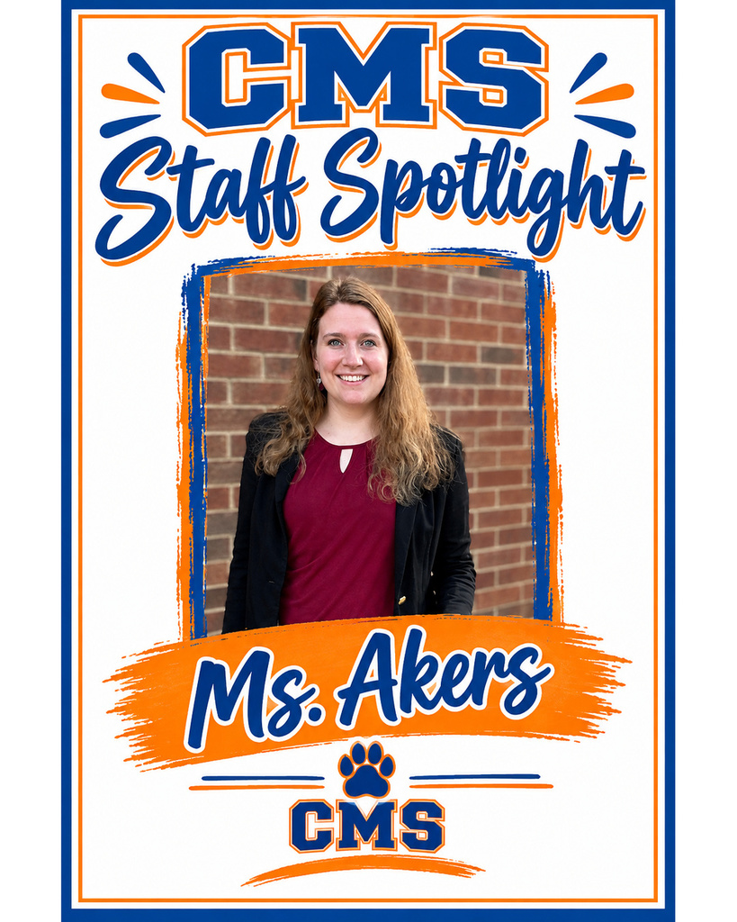 CMS Staff Spotlight graphic featuring Ms. Akers smiling in front of a brick wall. She has long, light brown hair and is wearing a burgundy blouse with a black blazer. The design features Culpeper Middle School's navy blue, orange, and white colors, with “CMS Staff Spotlight” at the top, her name across an orange brushstroke banner, and the CMS logo and cougar paw print at the bottom.