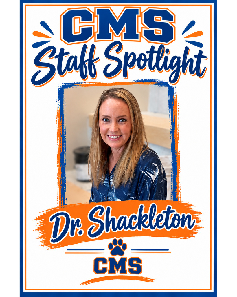 CMS Staff Spotlight graphic featuring Dr. Shackleton smiling indoors. She has long blonde hair and is wearing a navy blue patterned blouse. The design features Culpeper Middle School's navy blue, orange, and white colors, with “CMS Staff Spotlight” at the top, her name across an orange brushstroke banner, and the CMS logo and cougar paw print at the bottom.