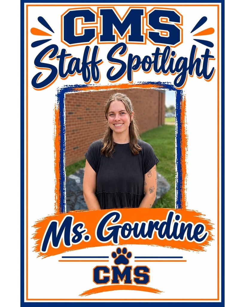 CMS Staff Spotlight graphic featuring Ms. Gourdine smiling outdoors in front of a brick wall. She has shoulder-length brown hair styled half-up and is wearing a dark short-sleeved dress with visible arm tattoos. The design features Culpeper Middle School's navy blue, orange, and white colors, with “CMS Staff Spotlight” at the top, her name across an orange brushstroke banner, and the CMS logo and cougar paw print at the bottom.