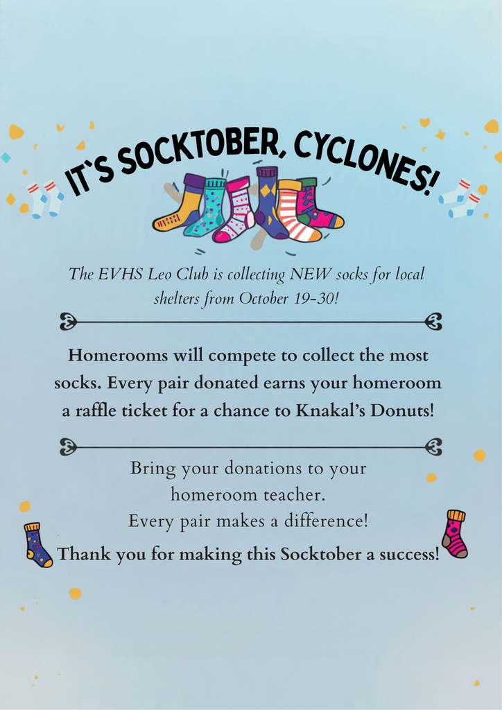 A poster with the title "It's Socktober, Cyclones!" has colorful socks and text about a sock collection event.