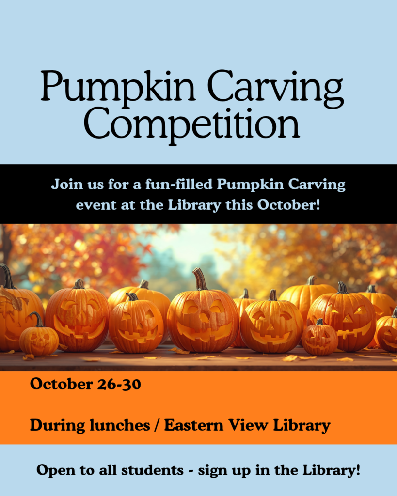 Banner with text "Pumpkin Carving Competition" and image of pumpkins lined up on a table, some carved, set against a backdrop of trees.