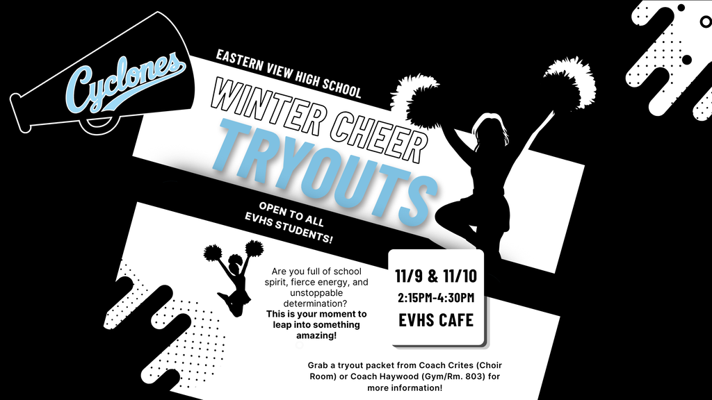 Black and white poster. Text reads 'Cyclones Winter Cheer Tryouts'. An abstract figure is holding pom-poms.