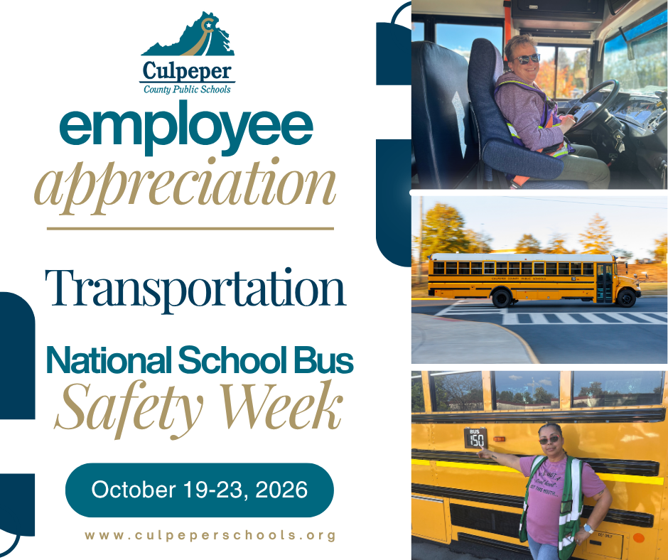 Graphic of a bus driver in a school bus. Text: Employee appreciation. Transportation. National School Bus Safety Week. October 19-23, 2026.