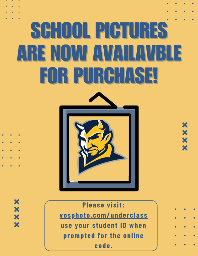 Yellow poster with logo and text. Yellow background with a black frame around a logo. Text reads, "School pictures are now available for purchase!"