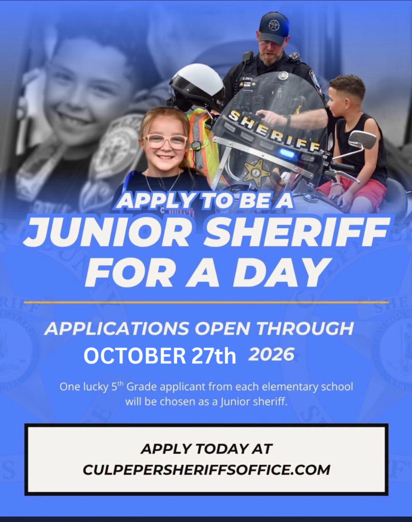 Advertisement poster for Junior Sheriff program with photos of a police officer, girl, boy, and smiling faces.