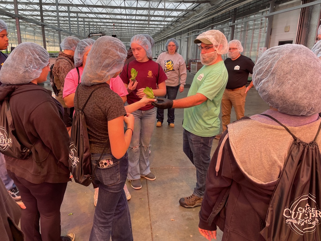 Several students and adults stand inside a greenhouse, wearing hairnets and gloves, examining plants.