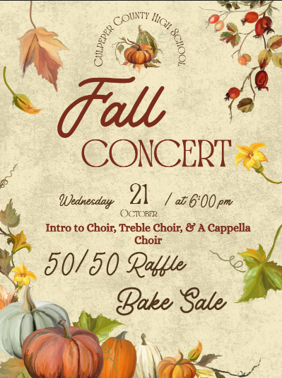 Autumn leaves, pumpkins, and flowers on a textured background with a school concert announcement.