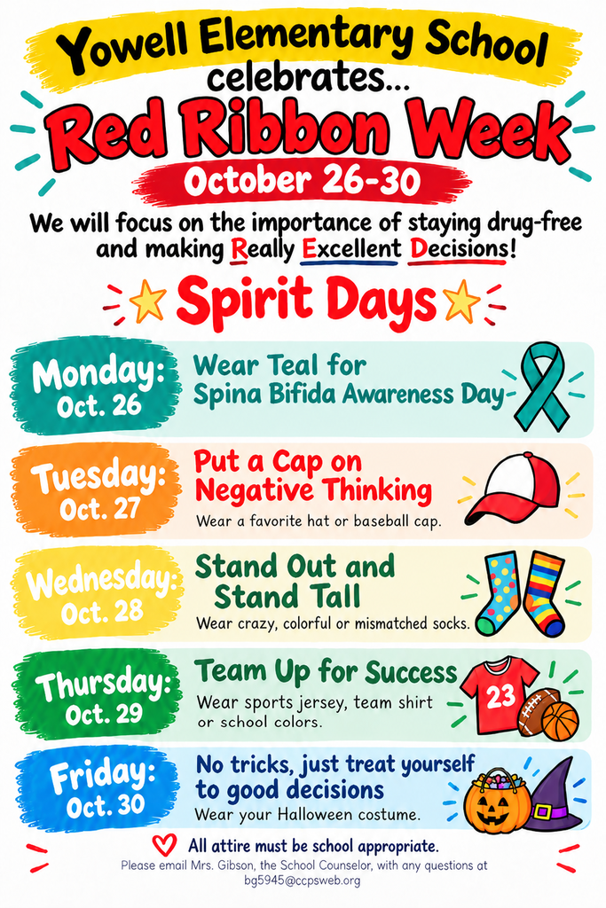 Poster with a blue ribbon and text promoting Red Ribbon Week at Yowell Elementary School.