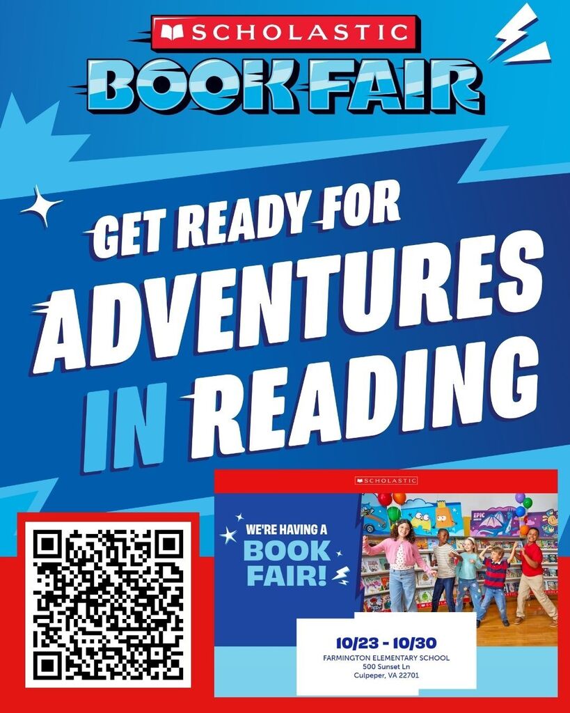 Advertisement for Scholastic Book Fair. Blue background. White stars. QR code. "Get ready for adventures in reading" text. Children at a fair.