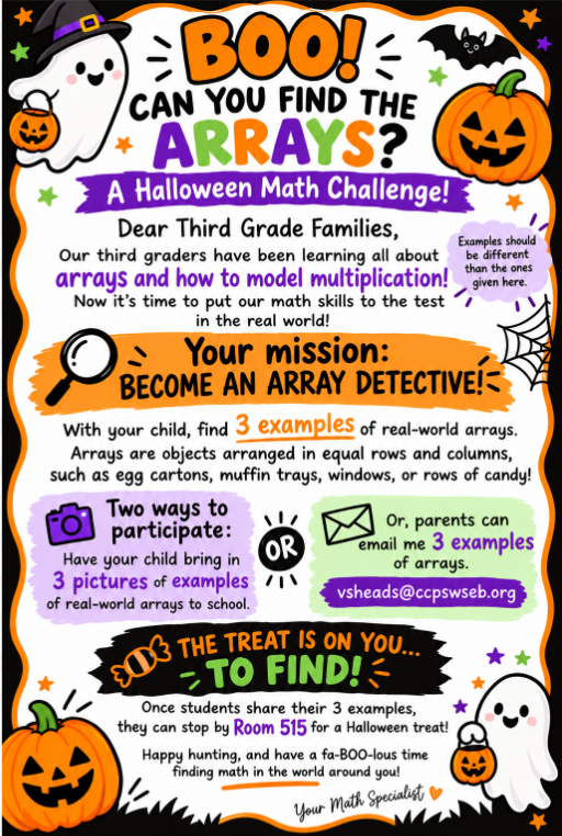 Poster with Halloween theme. Text reads "BOO! Can You Find the Arrays?" and instructions for a math challenge.