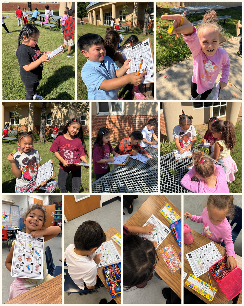 Various children holding papers, pencils, and crayons; some sit at tables while others stand or walk.