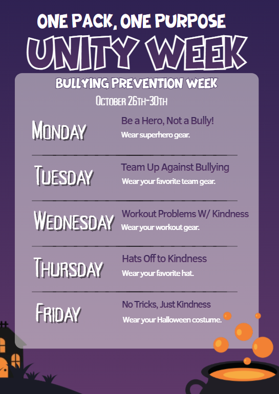 Poster with purple background. Text reads "Unity Week" and "Bullying Prevention Week". Dates October 26th-30th. Five days of themed dress.