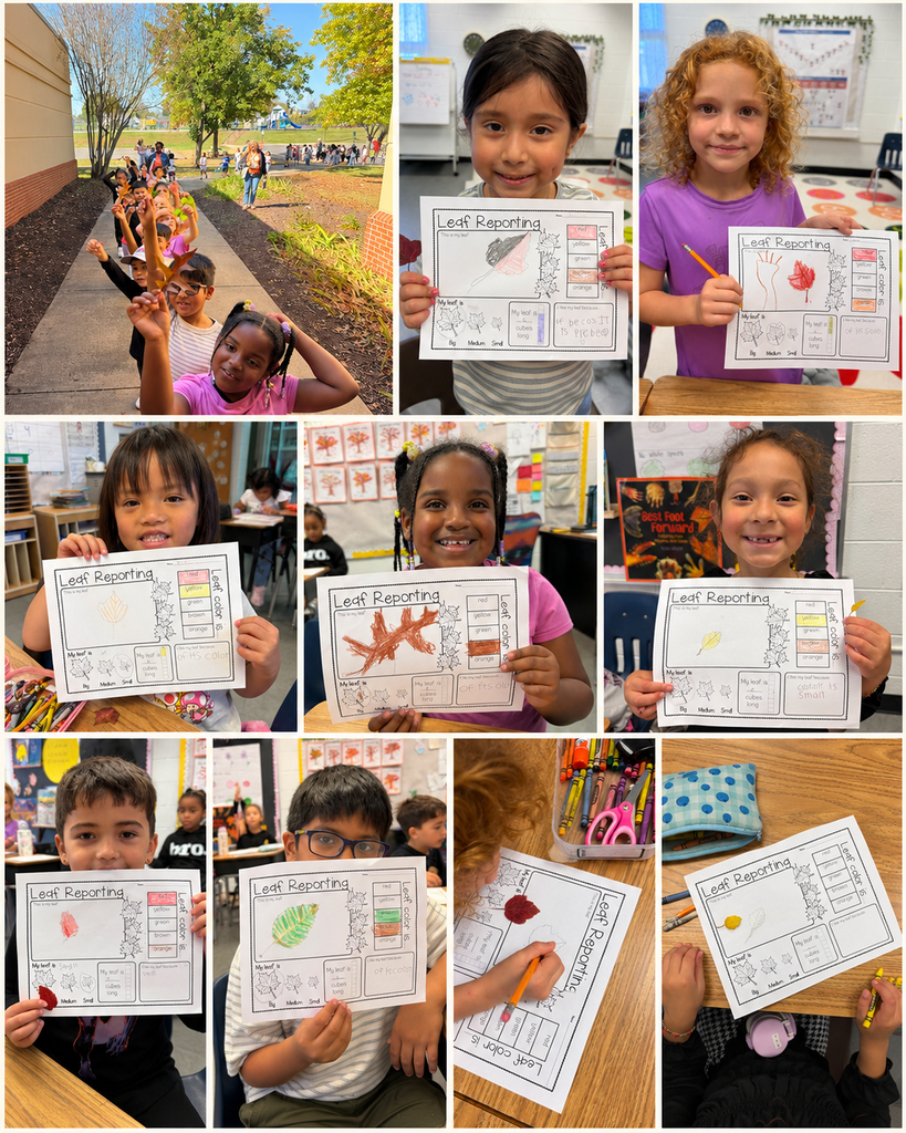 Students in a classroom and outside holding worksheets with drawings of leaves, some using colored pencils.