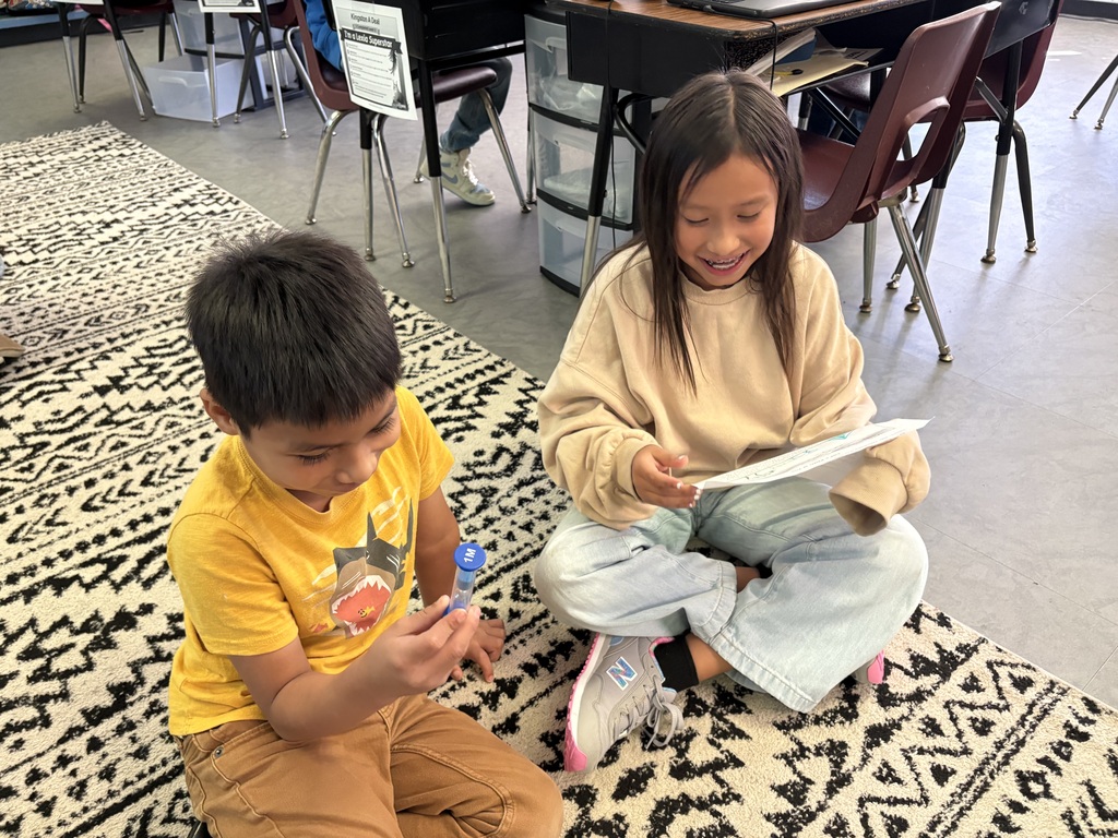 Two children on patterned rug, one holds paper, other holds marker and looks at paper.