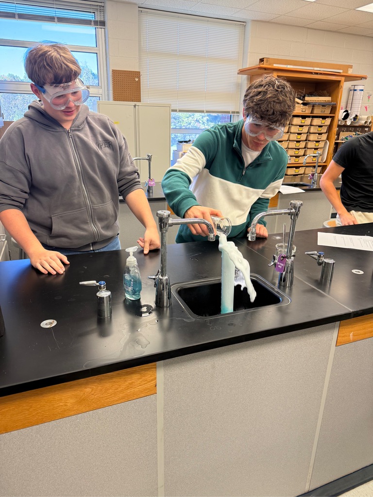 Two students wearing safety goggles use a sink to wash off a test tube.