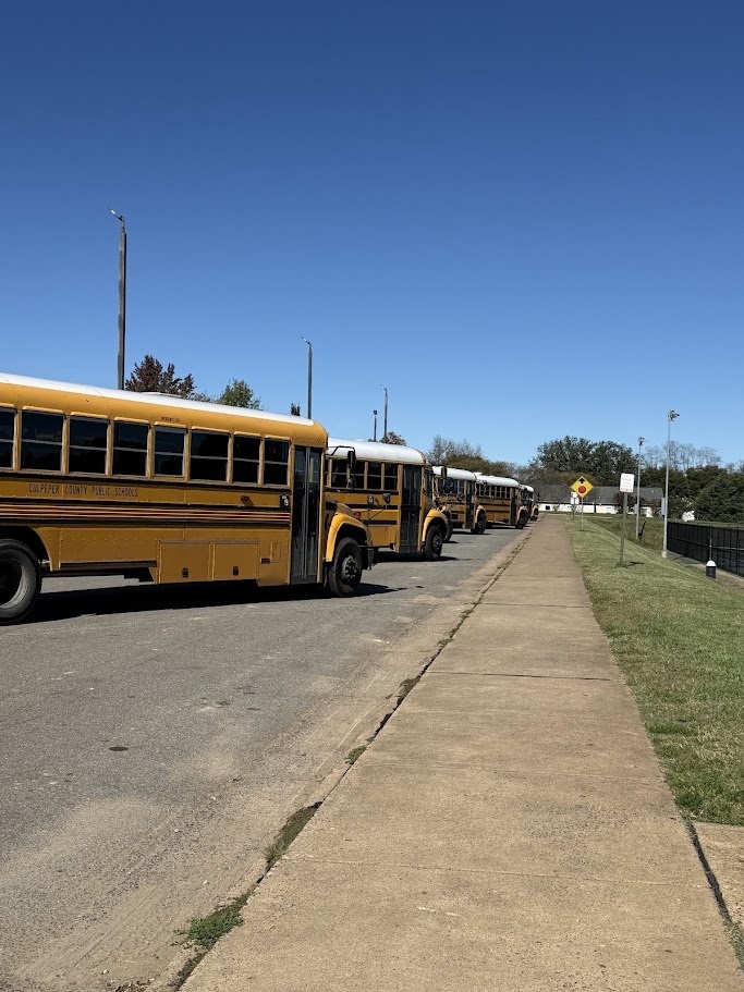 A line of yellow Culpeper County Public Schools buses stretches along a roadway beside a sidewalk on a sunny day. The nearest bus displays the district name along its side, while several more buses are parked in a row behind it beneath a clear blue sky.
