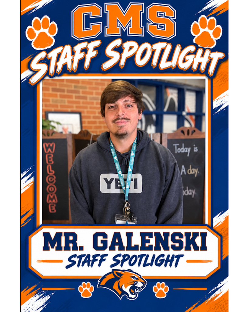 CMS Staff Spotlight graphic featuring Mr. Galenski smiling inside the school. He is wearing a dark gray hoodie with “YETI” across the front and a teal lanyard. The navy blue, orange, and white design features “CMS Staff Spotlight” at the top, his name and “Staff Spotlight” at the bottom, and decorative cougar paw prints and the CMS cougar mascot.