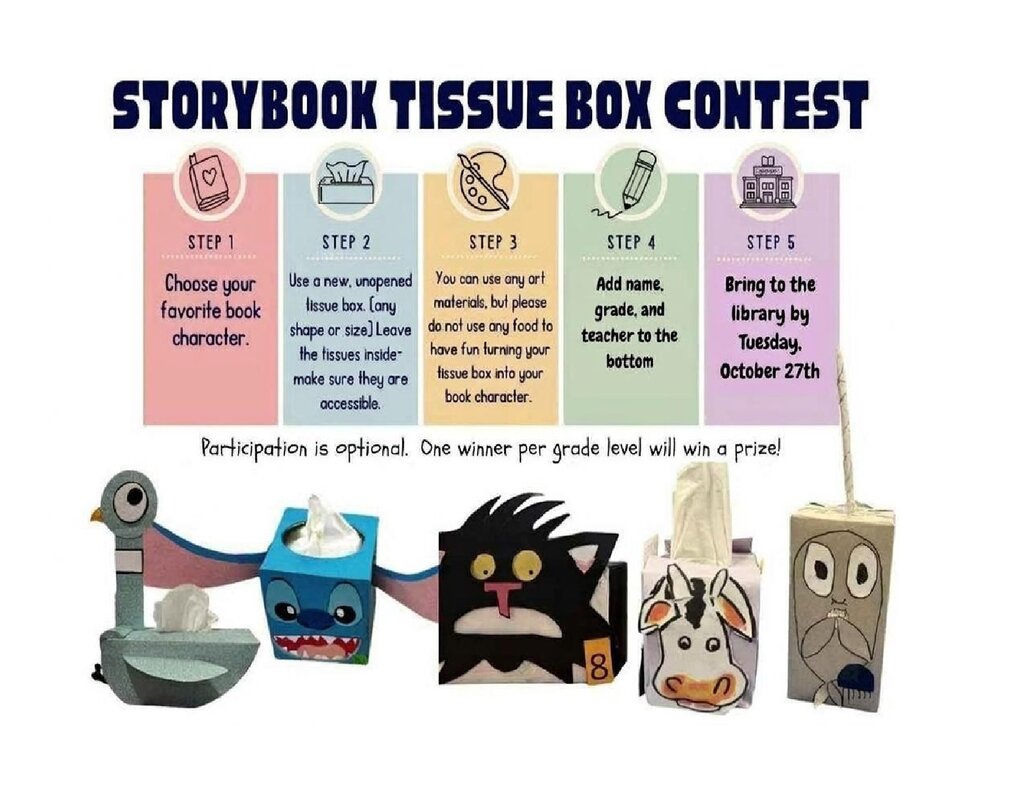 Steps for a tissue box contest with illustrations of boxes and characters, text reads "Storybook Tissue Box Contest".