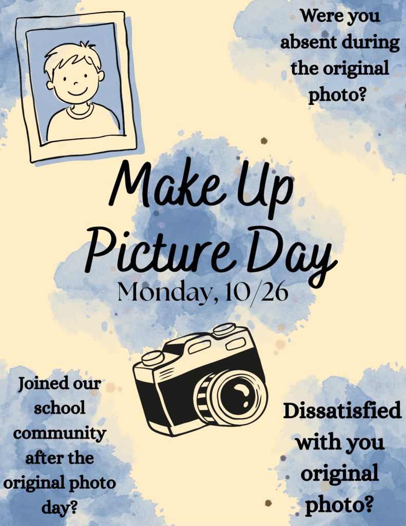 Poster with blue and white background. Photo of child and text asking if they were absent for original picture.