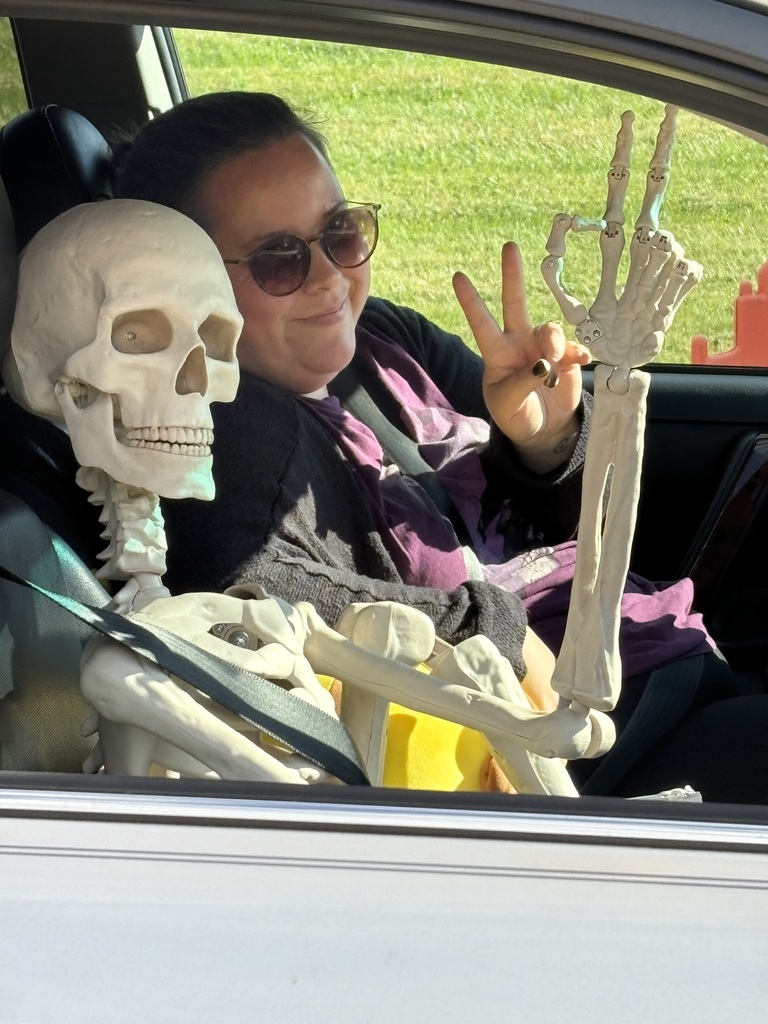 Person in car with skeleton wearing glasses, peace sign, and yellow safety vest.
