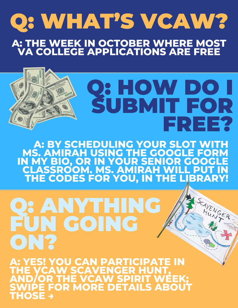 Banner with blue and orange background. Left side includes a dollar bill graphic and questions about a VA college application week. Right side includes a scavenger hunt graphic and questions about how to submit for free.