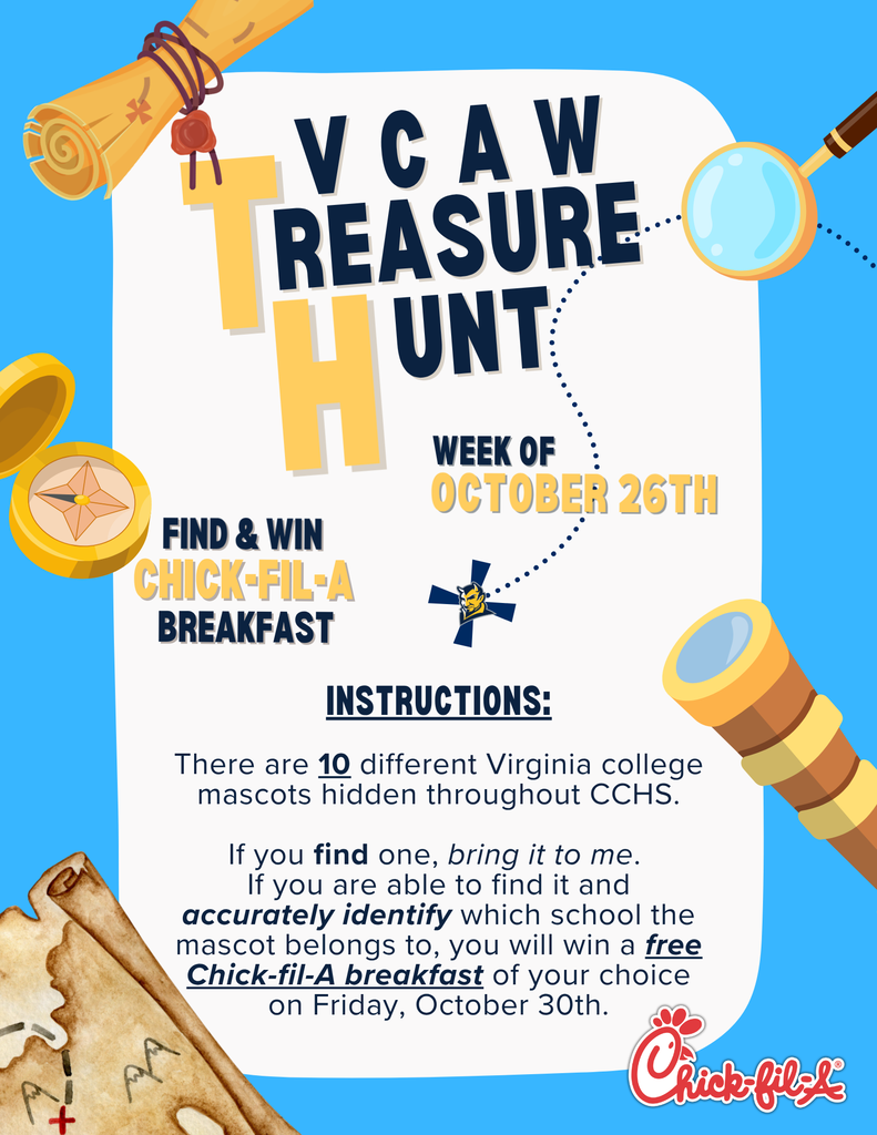 Blue background with text and icons. A compass, magnifying glass, and scroll. Text reads "Treasure Hunt" and "Chick-fil-A Breakfast."
