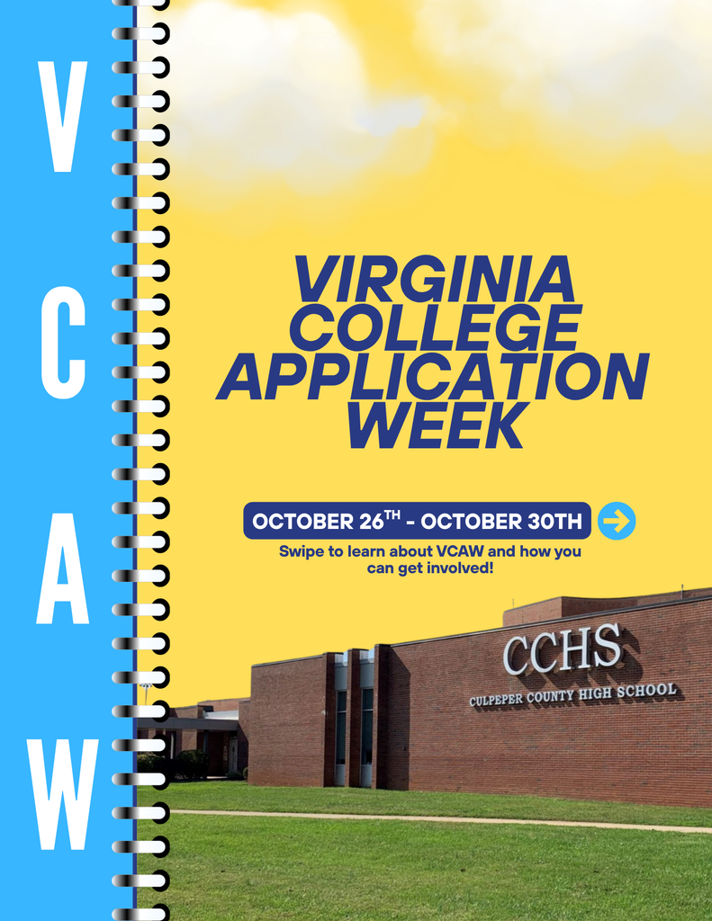 Blue and yellow background with text reading "Virginia College Application Week, October 26th - October 30th" with a school building in the background.