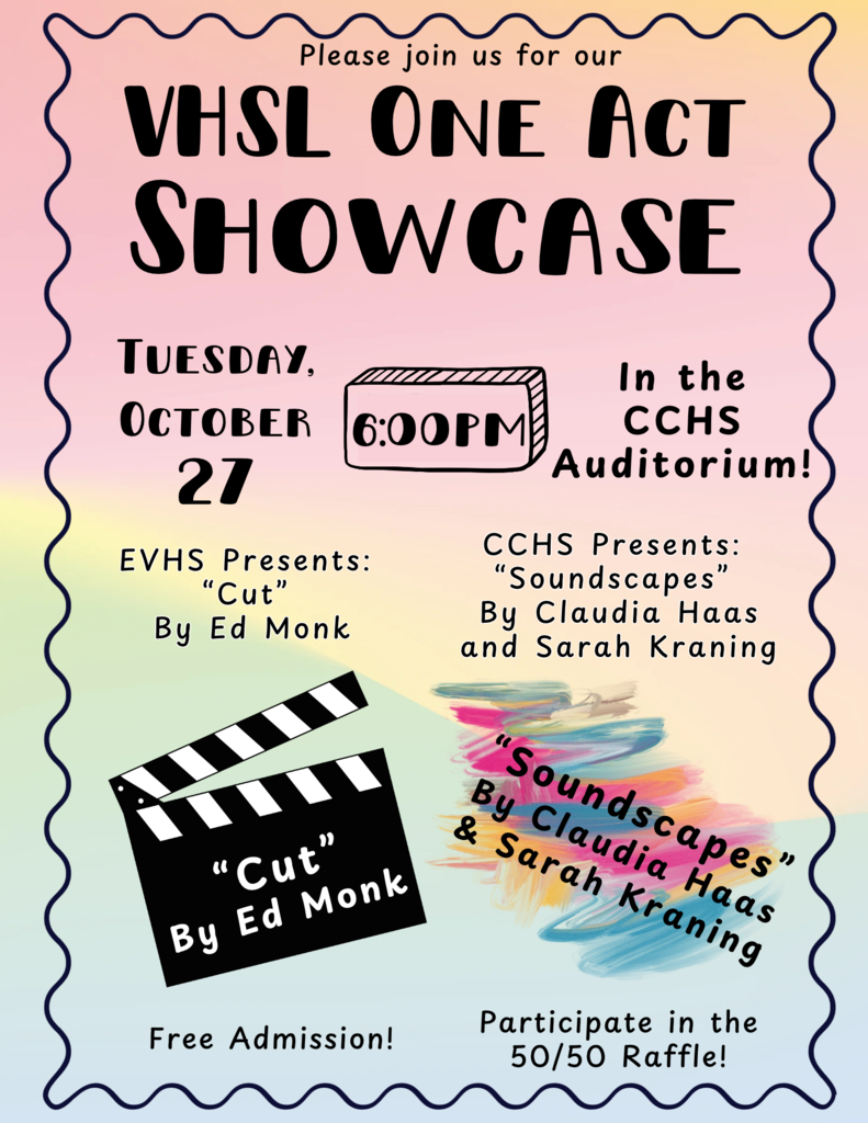 Multicolored poster with text and images of a clapperboard and swirls. It reads VHSL One Act Showcase.