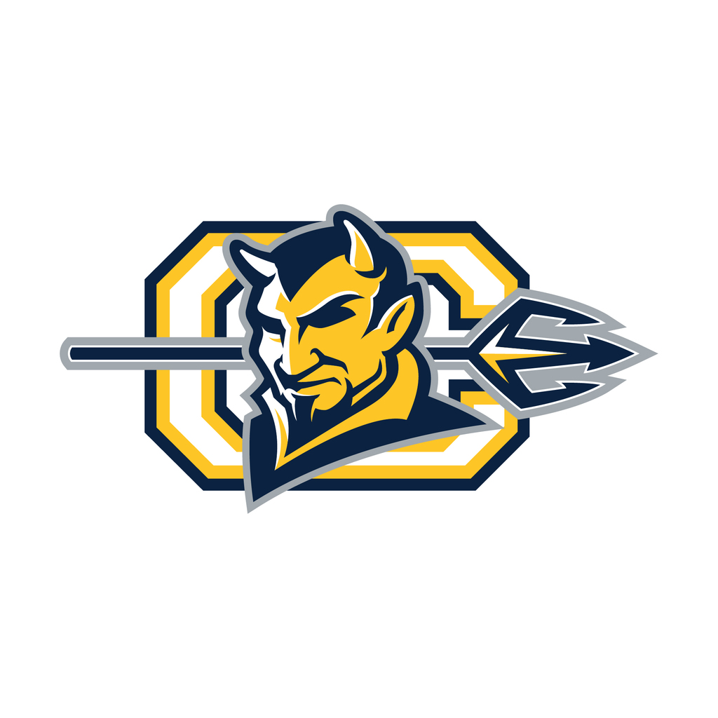 A school logo featuring a face in yellow with horns, a beard, and an angry expression holding a spear.
