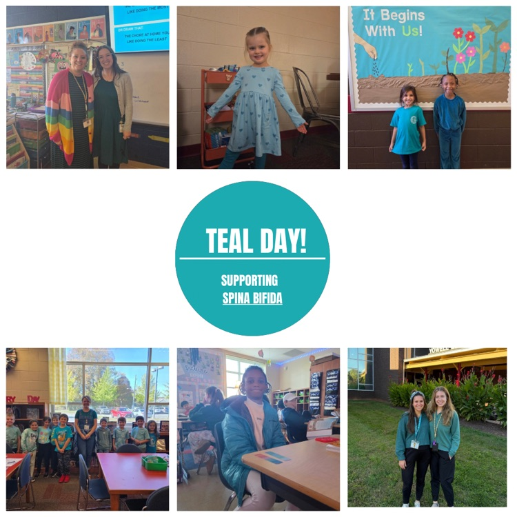 six pictures in a grid showing various students and staff members sporting the color teal for Spina Bifida awareness day