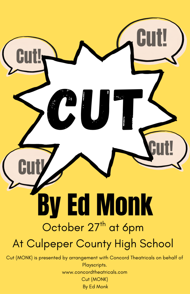 Bright yellow poster with a star graphic and text "CUT!" and "By Ed Monk" on it.
