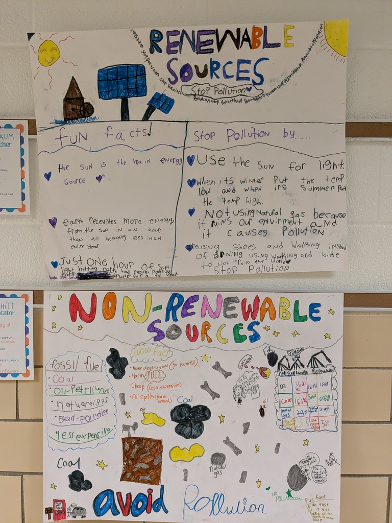 Two posters on a wall; one says "Renewable Sources" with a solar panel image, and the other says "Non-Renewable Sources" with images of pollution.