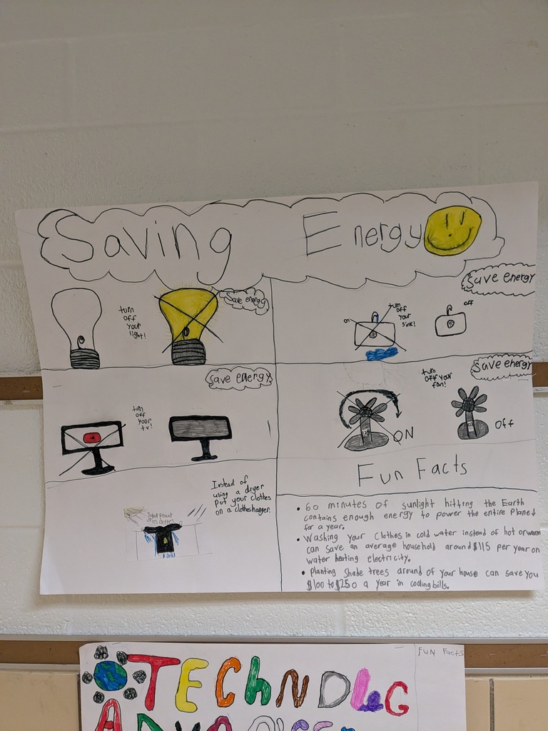 A hand-drawn bulletin board with a large poster. Poster includes text and drawings of lightbulbs and other items.