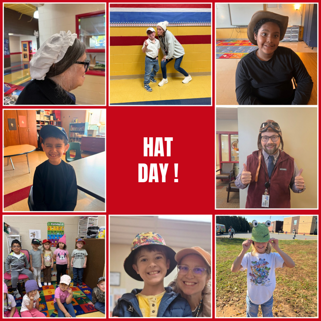 Collage of nine images, text overlay says "Hat Day!" Students and staff wear hats; one is in a classroom, others outside.