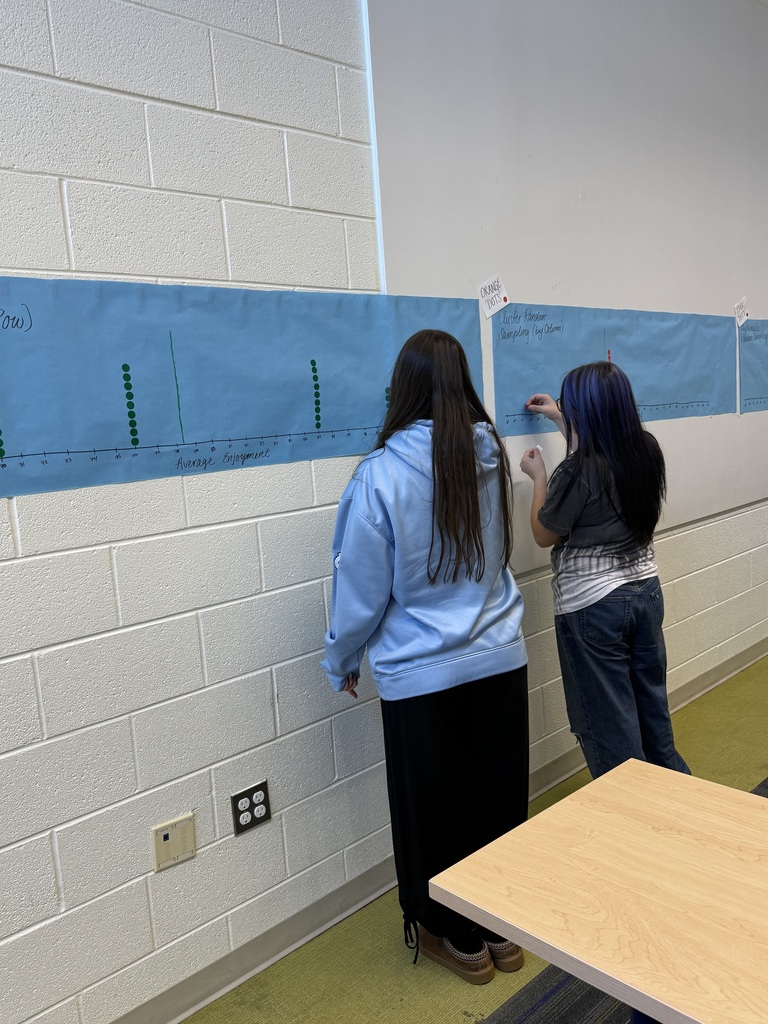 Two people are standing and writing on a blue wall with a long line. A wooden desk is in the foreground.