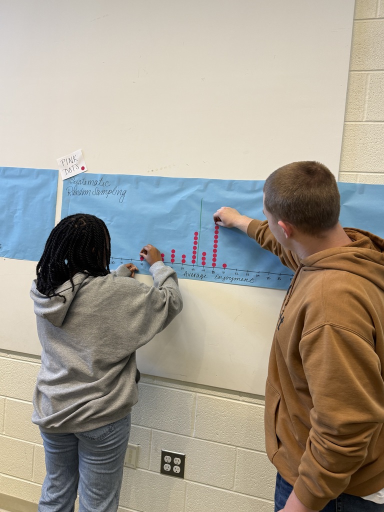 Two people working on a chart on a wall, one pointing at a data point.