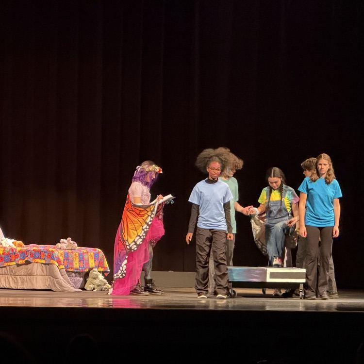 A stage with students in costumes performing. One holds a book, another holds a pillow.