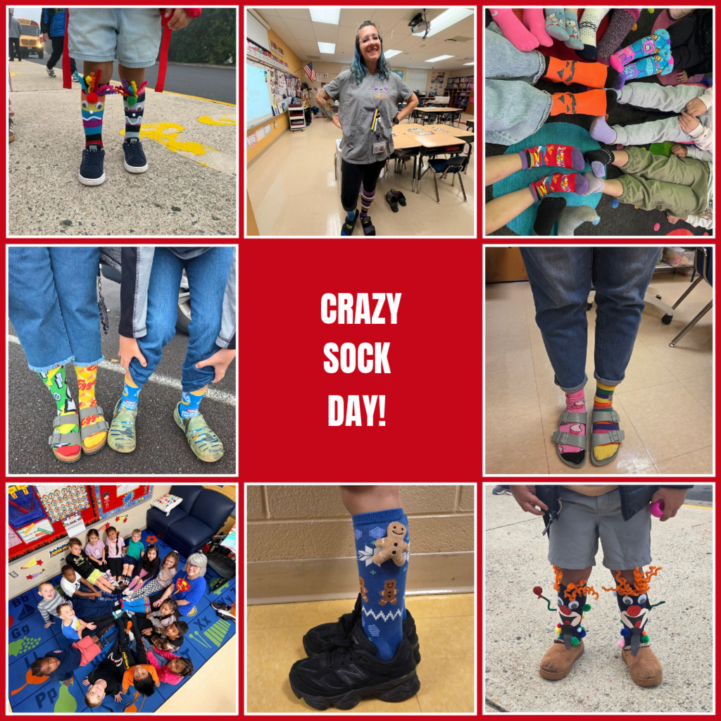Multiple photos of students wearing mismatched socks with words "Crazy Sock Day!" in center.
