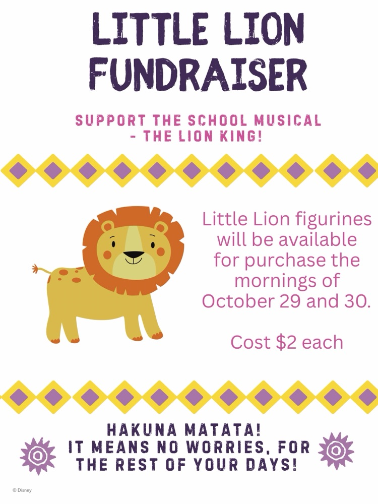 little lion figures will be on sale 10/29 and 10/30 outside of the cafeteria to support our fundraiser. image of a lion