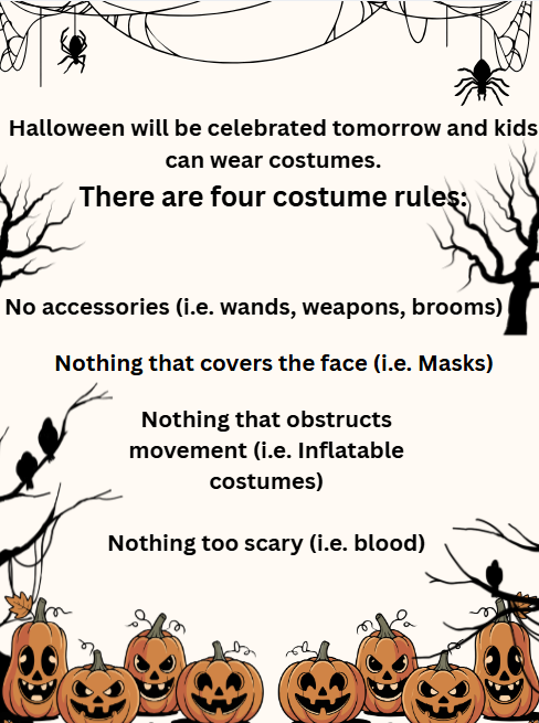 A Halloween flyer with a spider web. Rules for wearing costumes. Four rules: No accessories, no masks, no movement obstructions, no scary elements.