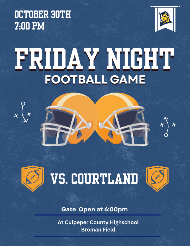 Blue background with graphic of two football helmets, text "Friday Night Football Game vs. Courtland" and game details.