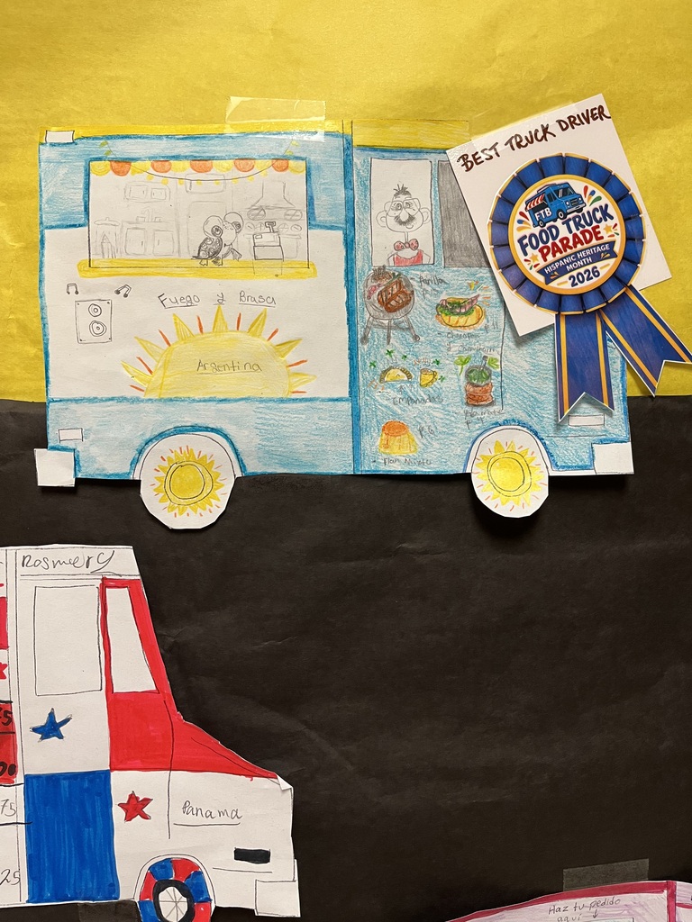 Artwork of two food trucks, one with a blue ribbon and a badge, on a yellow background.