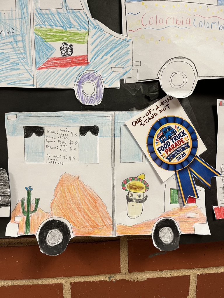 Three drawings of trucks on a brick wall. One drawing includes a blue ribbon.