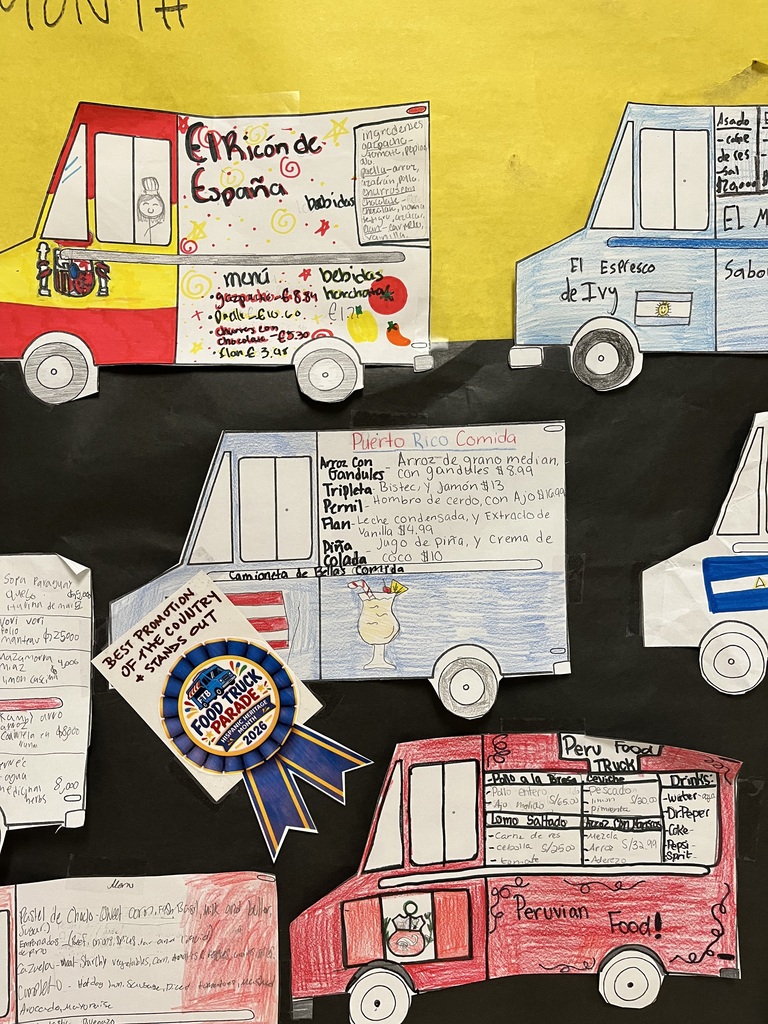 Drawing of four trucks with text and writing in Spanish on a black background.